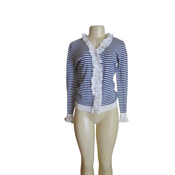 Anne Fontaine Blue & White Striped Ruffle Cotton Blouse Size 38 M - Picture 2 of 8